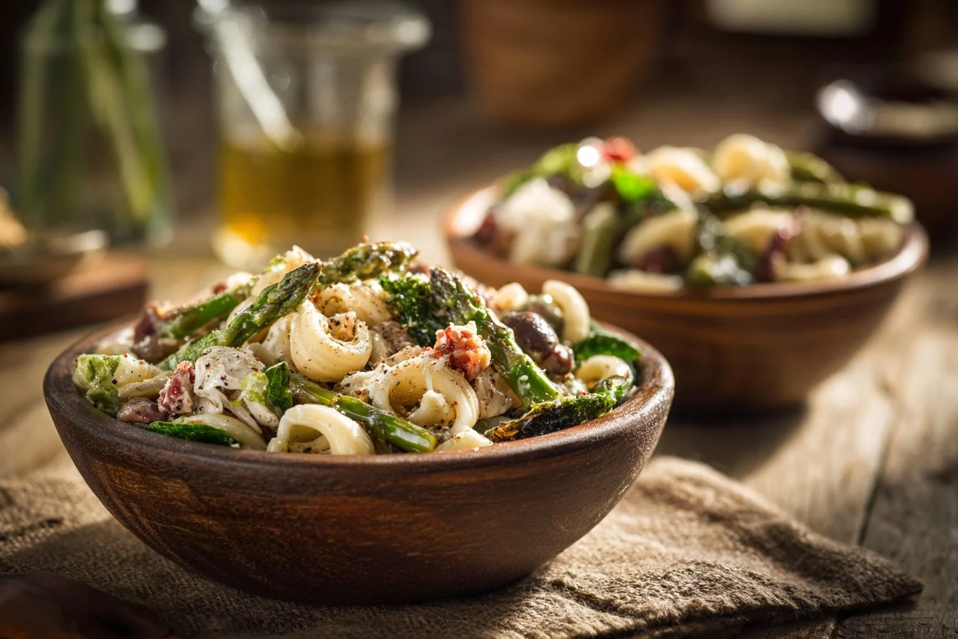 Bowl of Chicken Caesar Pasta Salad with croutons and parmesan cheese