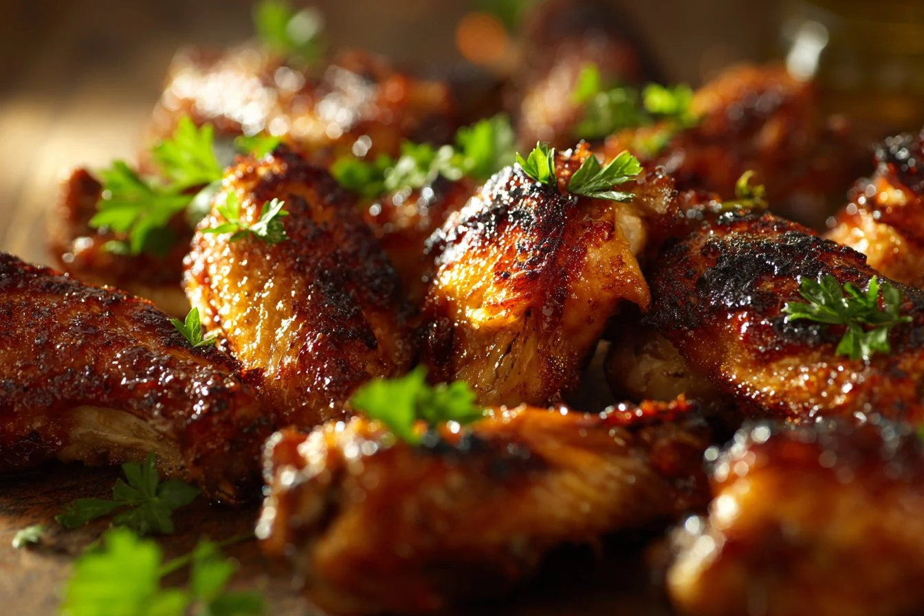 Crispy air fryer chicken wings served on a plate with dipping sauce