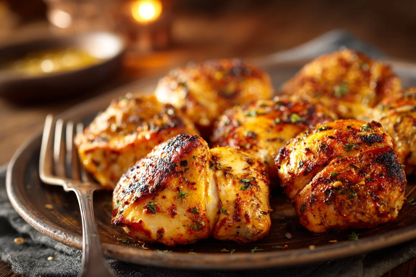 Crispy air fryer chicken breasts on a plate with herbs and spices
