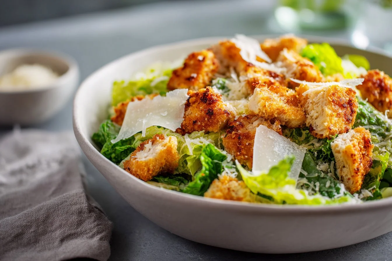 Delicious crispy chicken Caesar salad with fresh greens and Caesar dressing