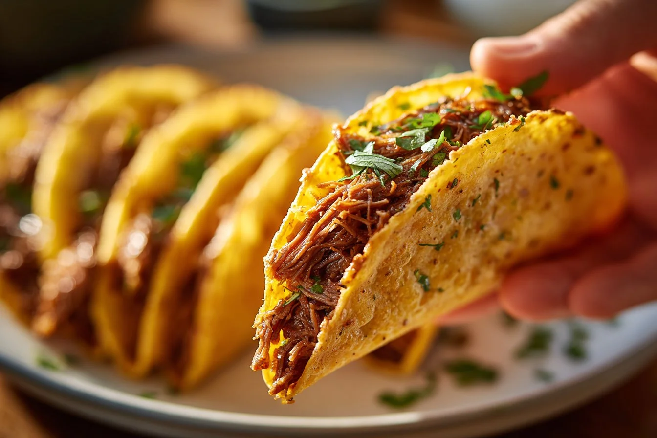 Delicious Crock Pot Birria Tacos served with fresh toppings