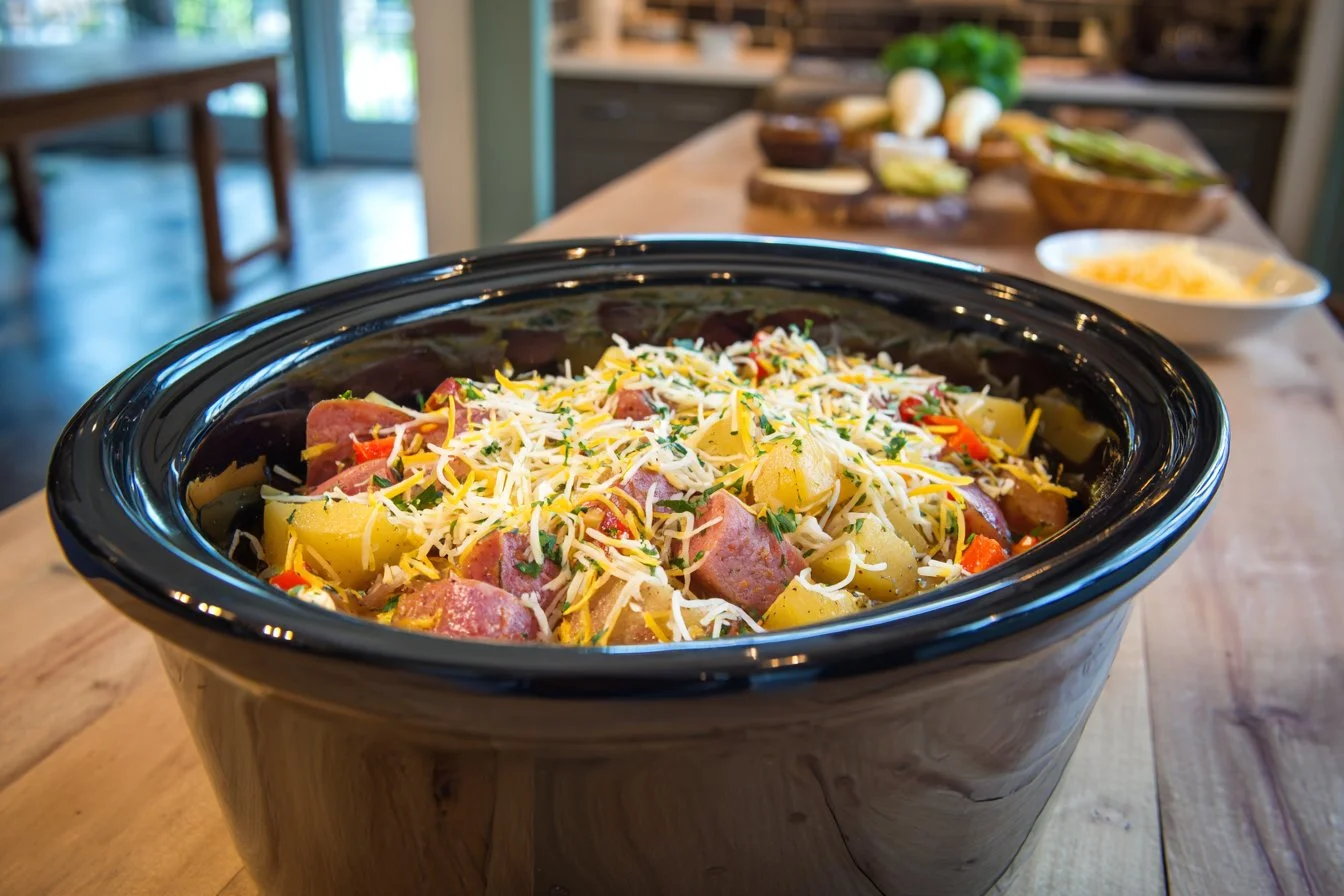 Crockpot Cheesy Potato Kielbasa Meal with potatoes and sausages in a creamy sauce