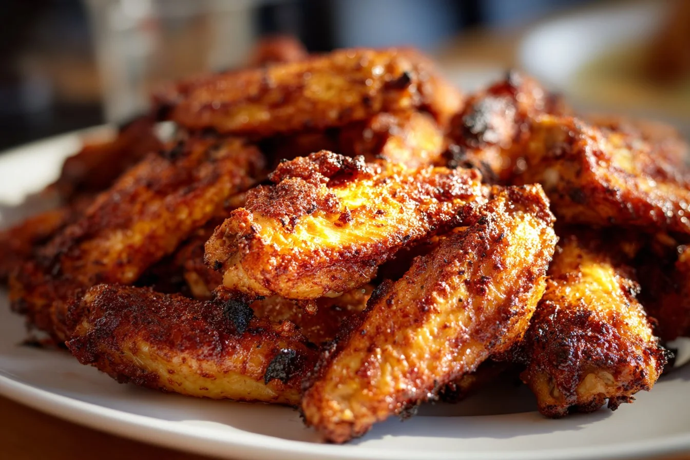 Delicious dry rub chicken wings served on a plate, garnished with herbs.
