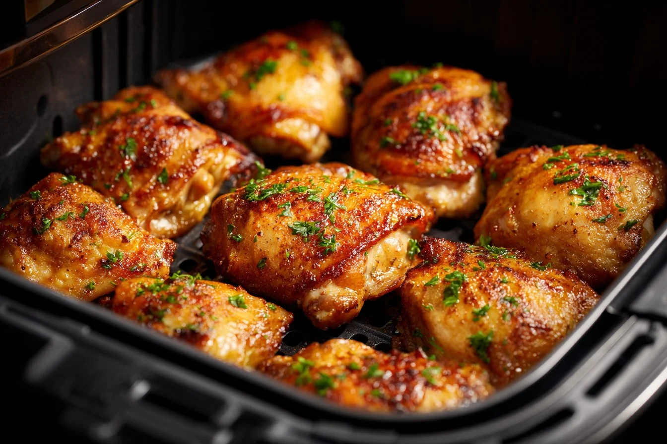 Juicy air fryer chicken thighs served with vegetables on a plate