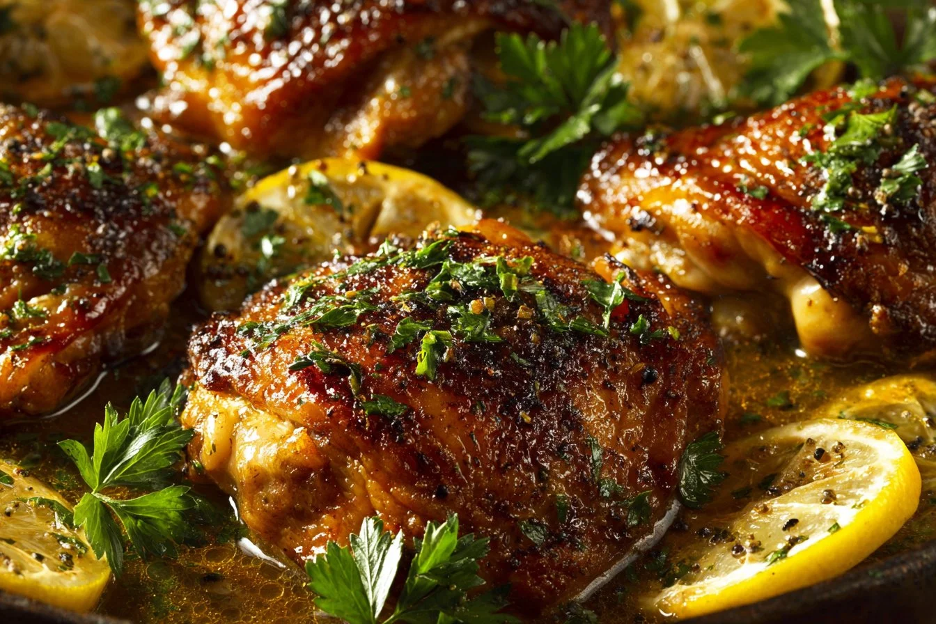 Plate of easy lemon pepper chicken thighs garnished with lemon slices and herbs