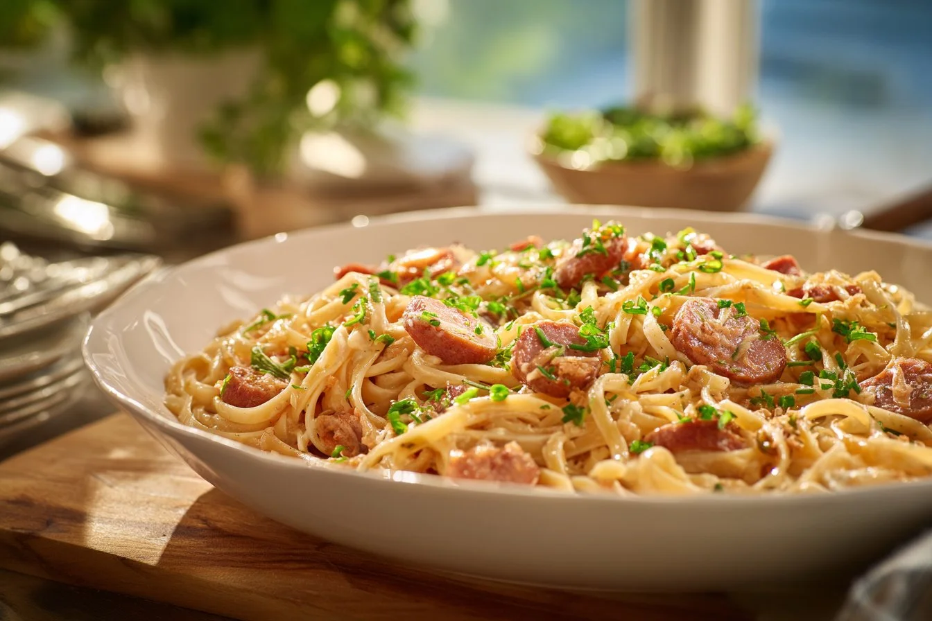 Delicious bowl of easy smoked sausage pasta garnished with parsley