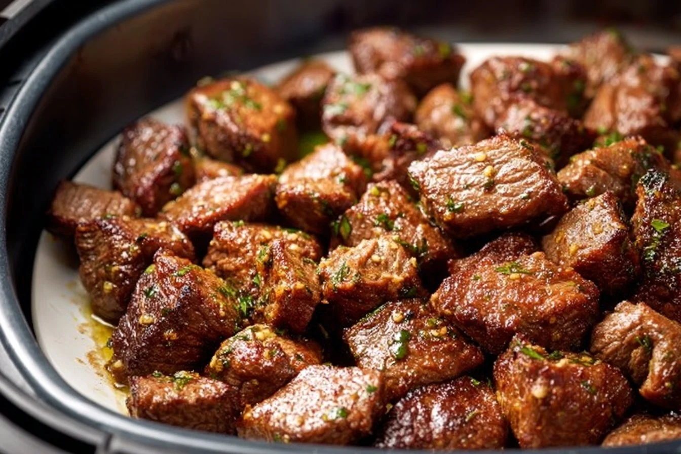 Delicious garlic butter air fryer steak bites served on a plate