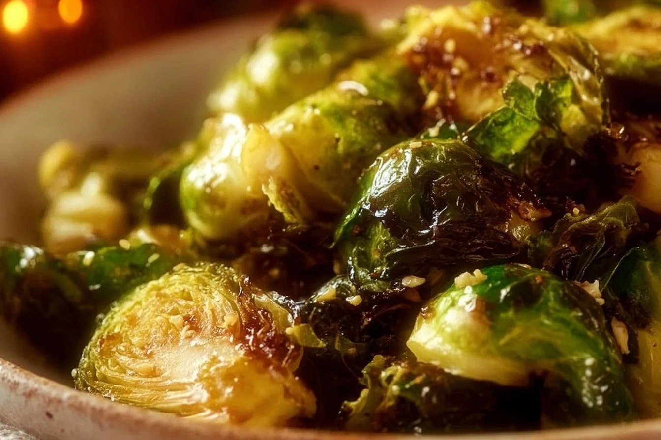 Plate of roasted Honey Balsamic Brussels Sprouts garnished and ready to serve.
