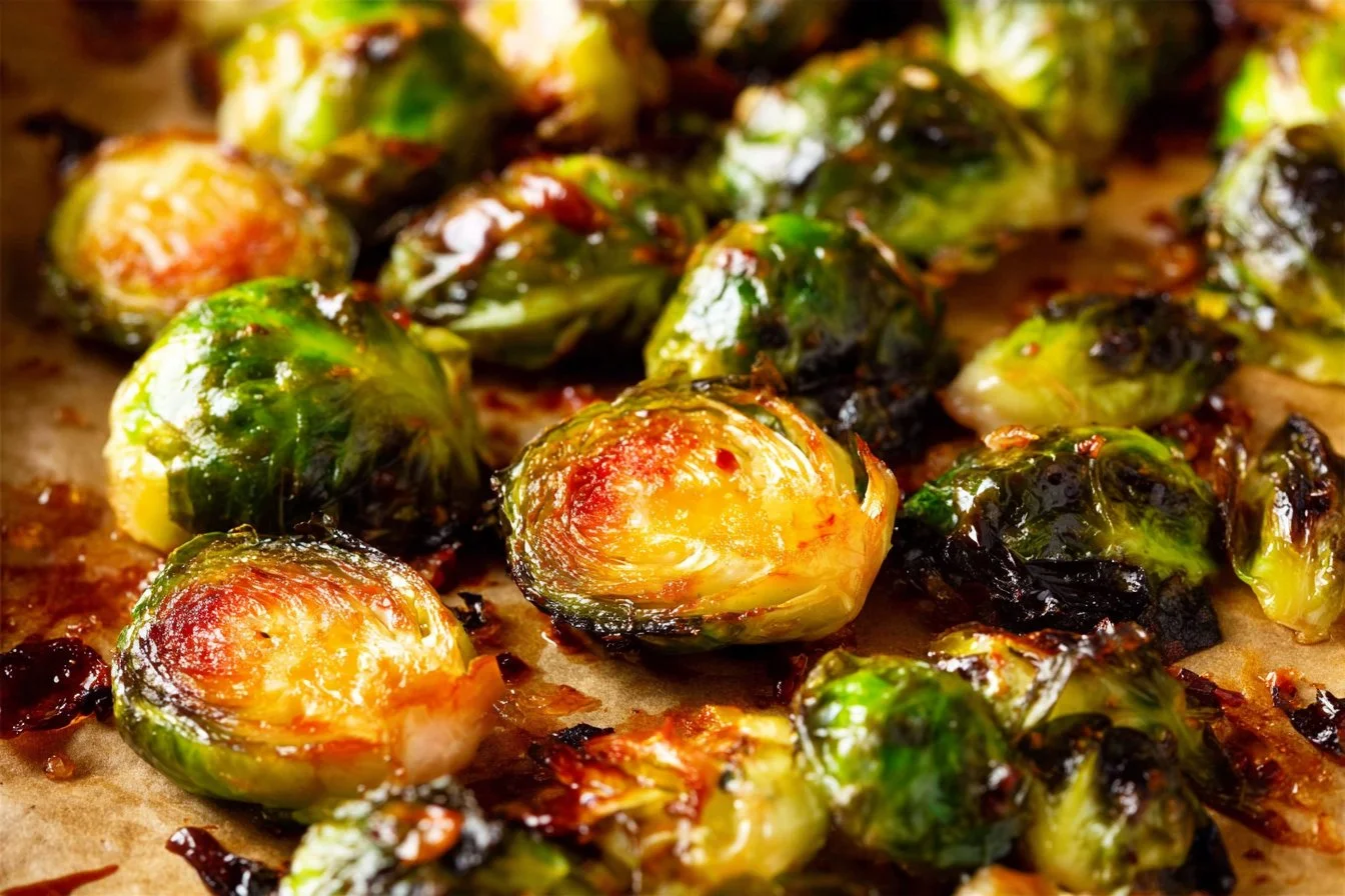Honey Sriracha Brussels Sprouts dish with a sweet and spicy glaze
