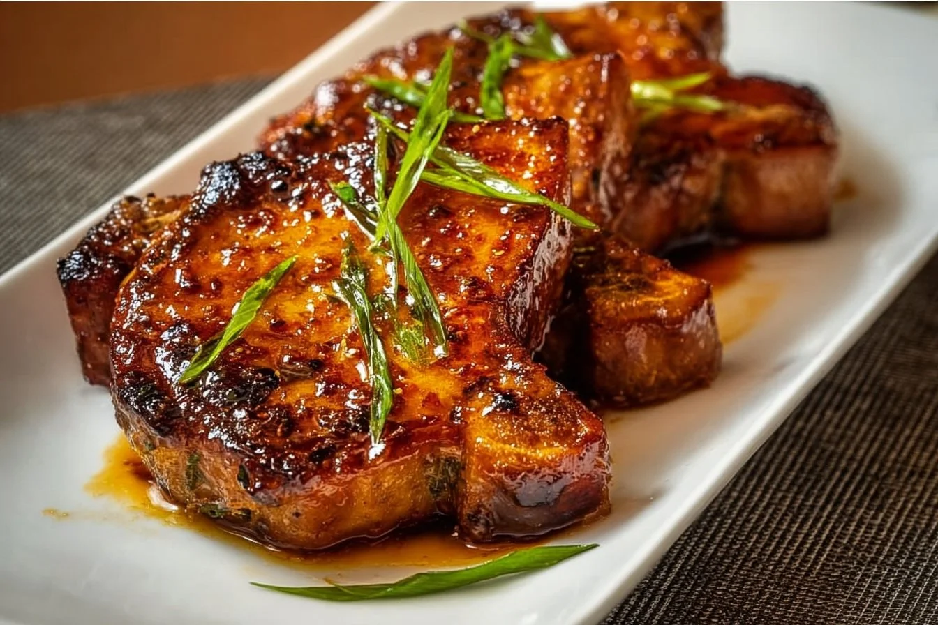 Delicious Honey Sriracha Pork Chops garnished with herbs