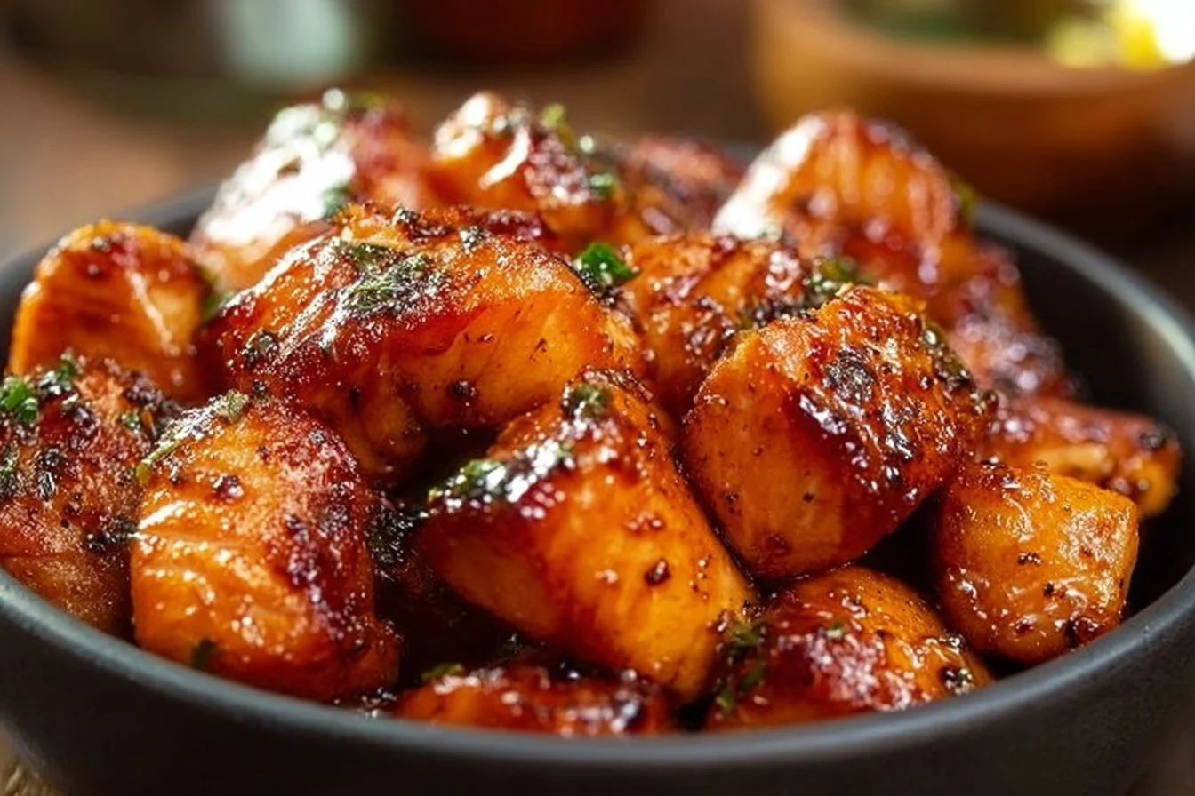 Hot Honey Salmon Bites with a sweet and spicy glaze