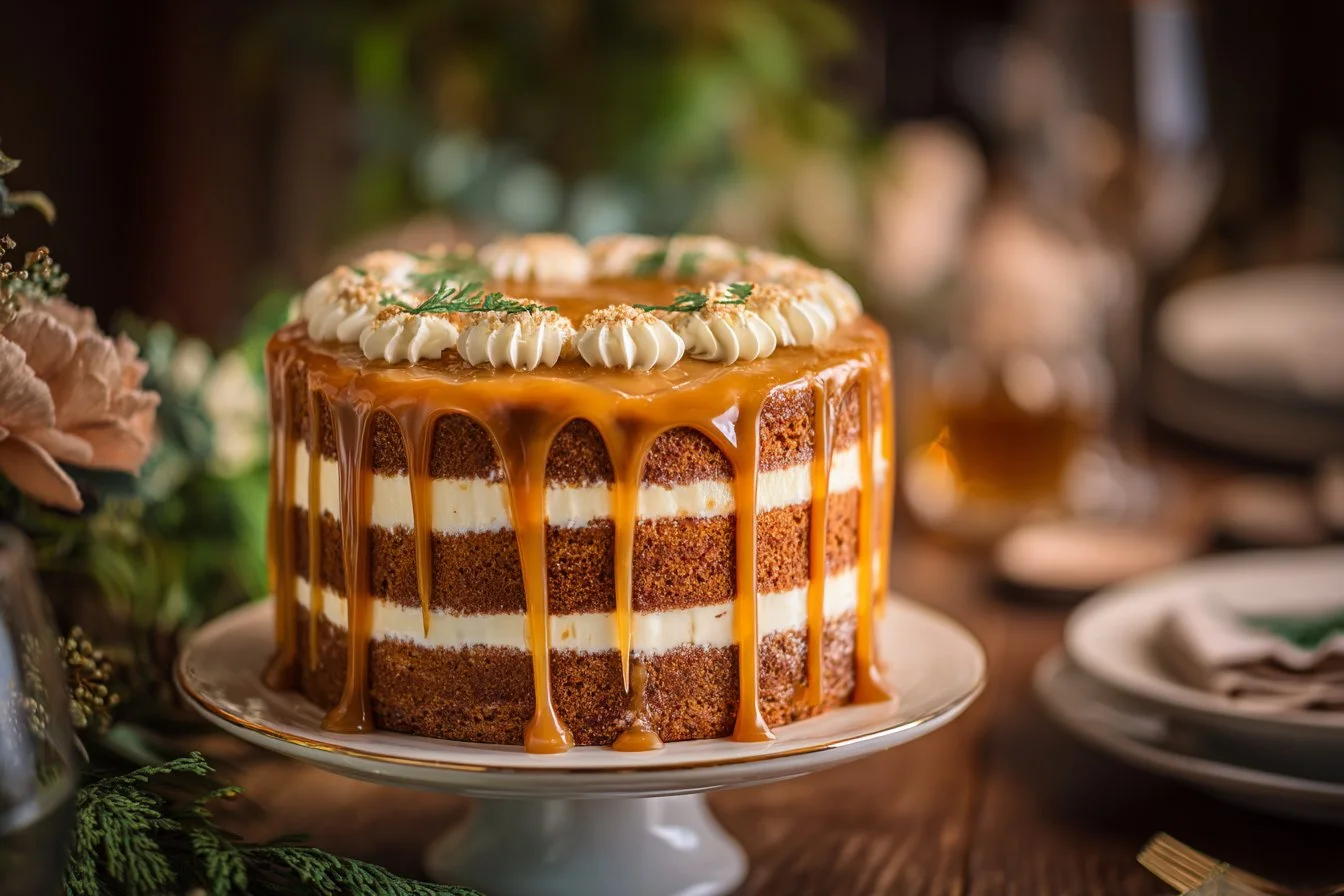 Delicious slice of Irish Whiskey Cake topped with frosting and whiskey sauce
