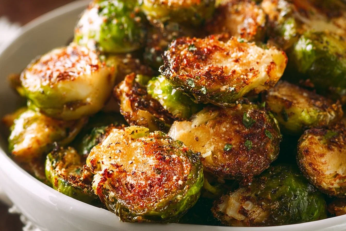 Bowl of golden Parmesan Roasted Brussels Sprouts garnished with herbs