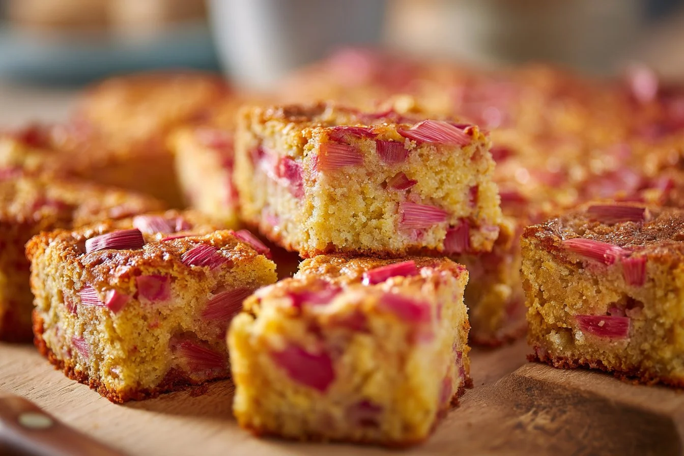 Slice of rhubarb breakfast cake topped with fresh rhubarb and a dusting of powdered sugar
