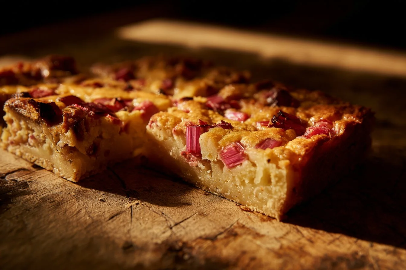 Rhubarb Dream Bars with tangy rhubarb topping and creamy filling