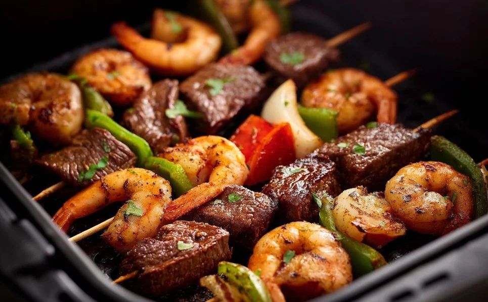 Air fryer shrimp and steak kabobs, perfectly cooked and served on skewers.