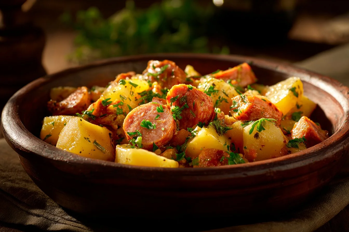 Slow cooker kielbasa with tender potatoes ready to serve