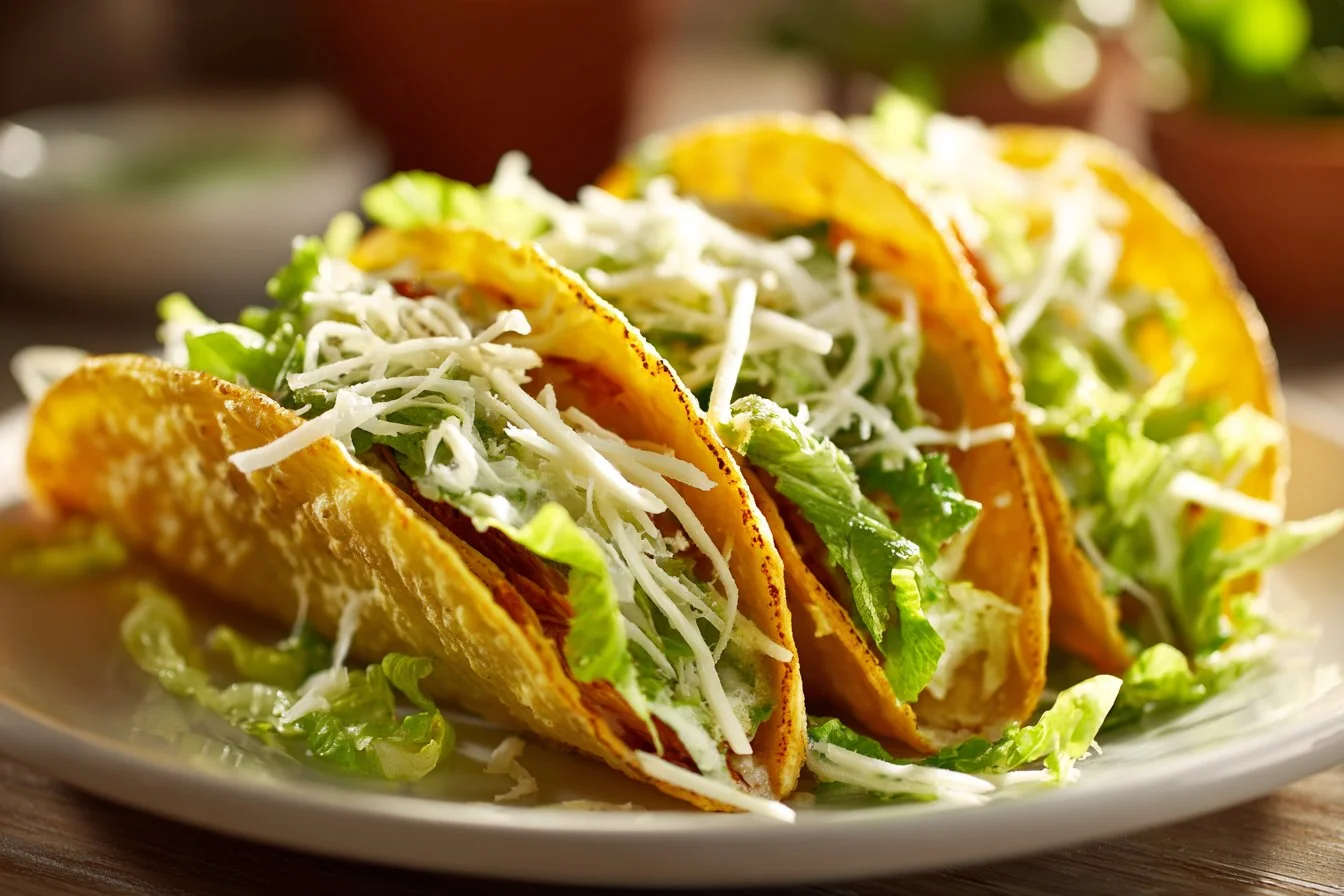 Smash Chicken Caesar Tacos served with fresh ingredients and dressing