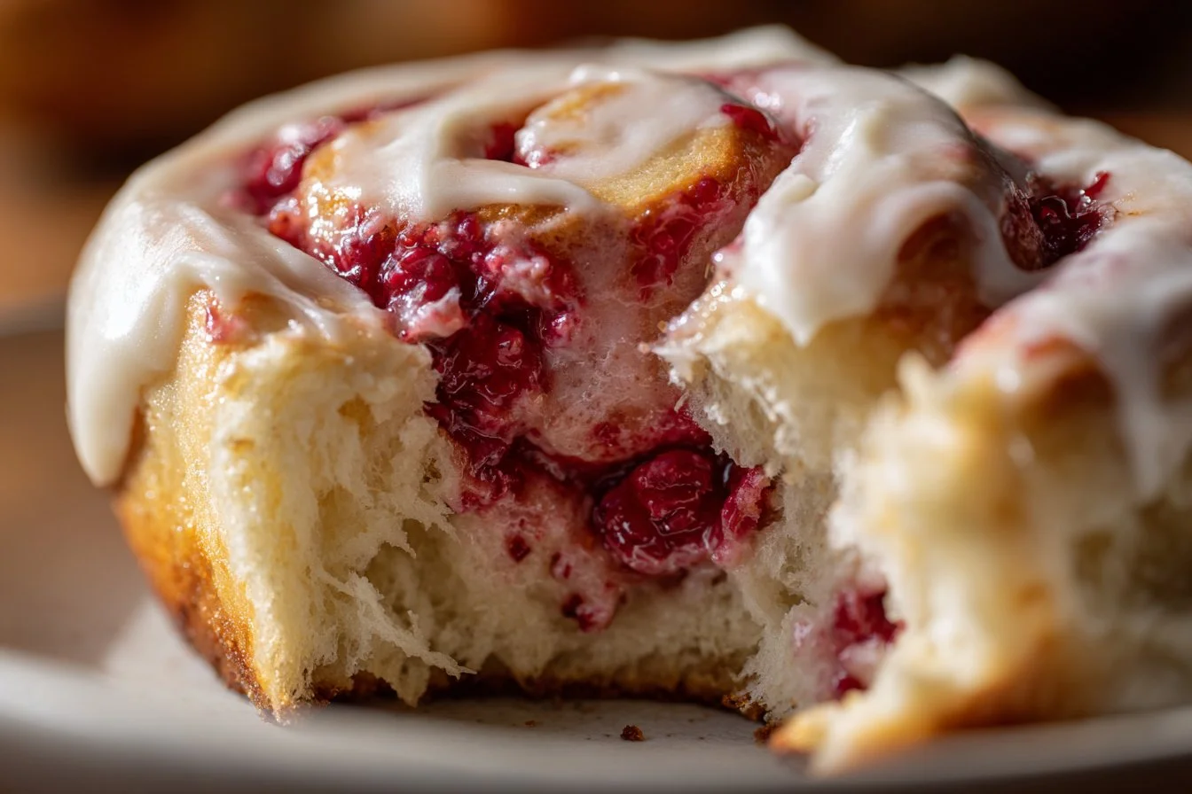 Delicious sourdough raspberry rolls topped with icing on a white plate.