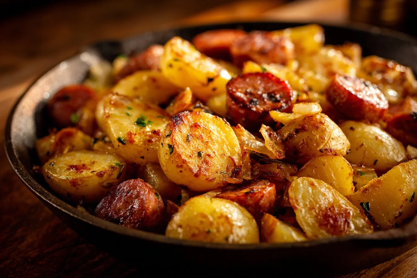 Southern fried potatoes with sausage served on a plate