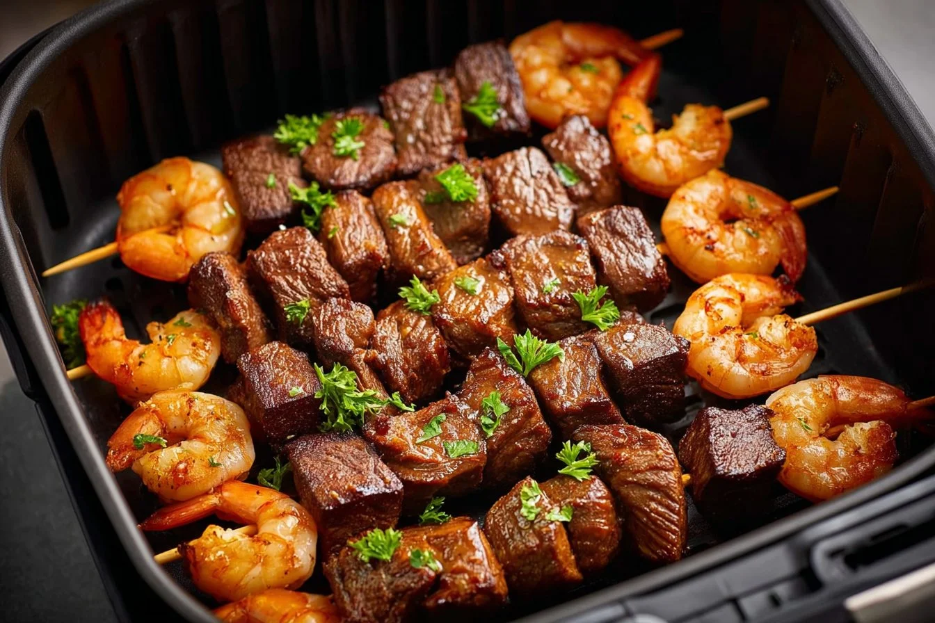 Deliciously grilled steak and shrimp kabobs made in an air fryer