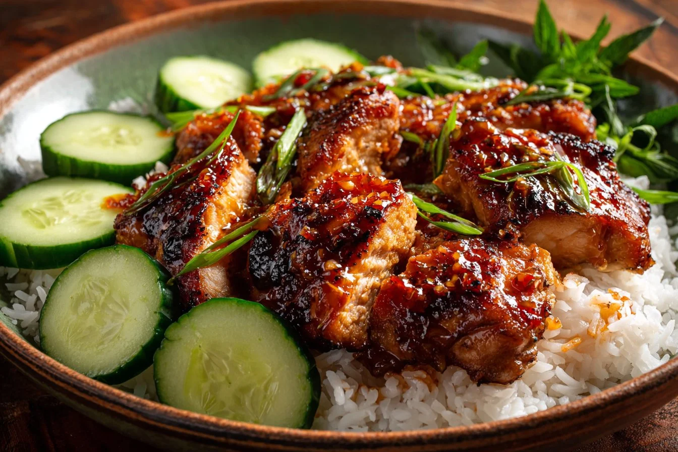 Sweet chili glazed chicken thighs garnished with fresh herbs and sesame seeds.